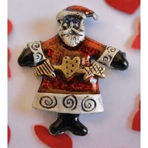 New LIA Pewter Enamel & Crystal Folk Santa Claus w/ Heart Christmas Pin Brooch